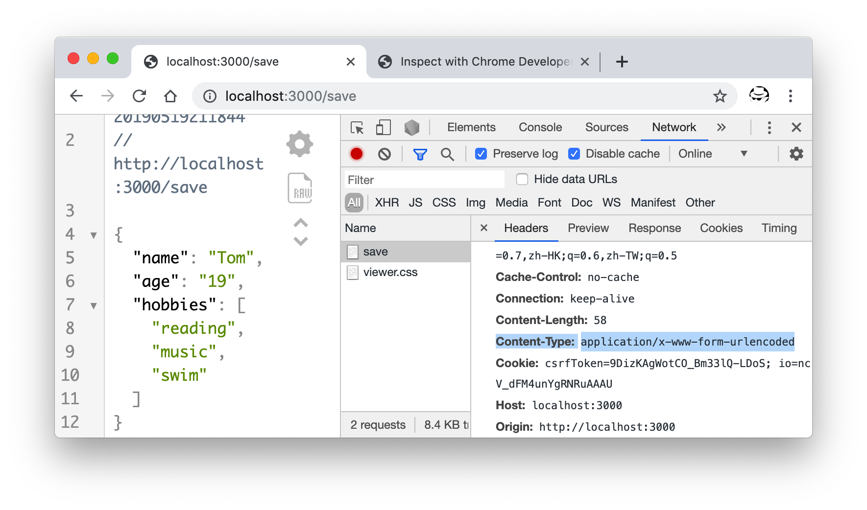 表单提交时的请求类型为 application/x-www-form-urlencoded