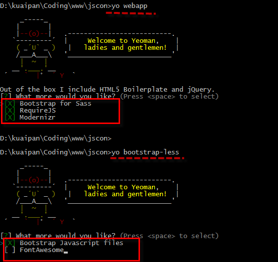 除了基本的Bootstrap外，webapp有Modernizr和RequireJS, 而bootstrap-less则只有FontAwesome